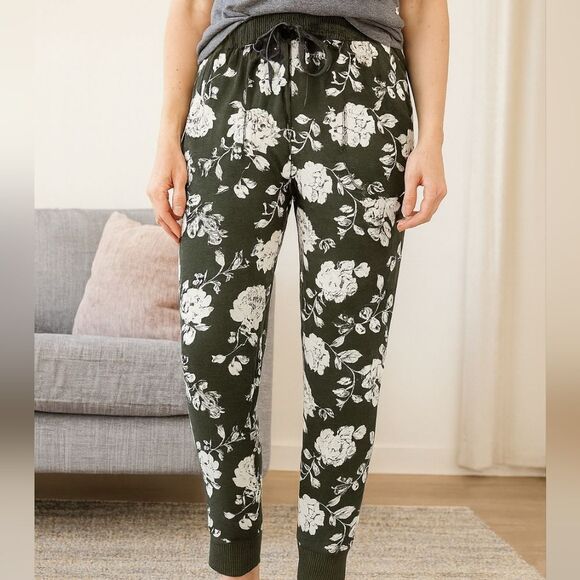 Joggers Soft Knit Green Floral L Drawstring Elastic Waist Sweatpants Loungewear - Picture 1 of 8
